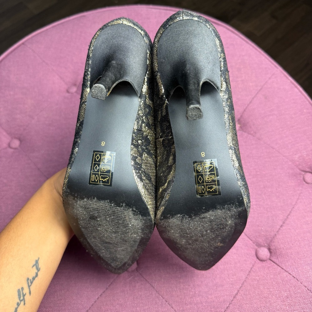 Vintage Le Château Lace Metallic Black and Gold Heels Y2K Vintage Size‎ 8 - Picture 5 of 8